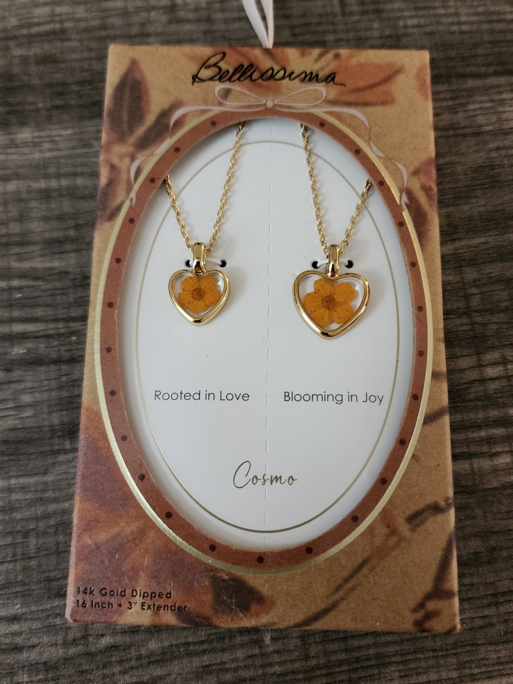 Bellissima Cosmo Gold Heart Necklace with Yellow Pressed Flower